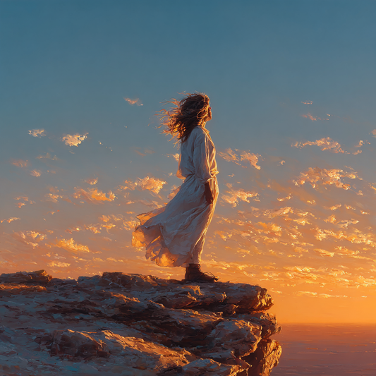 Solitary figure in white standing on cliff at sunrise, arms open in quiet affirmation, symbolizing Paul Tillich's courage to be and saying yes to life despite uncertainty