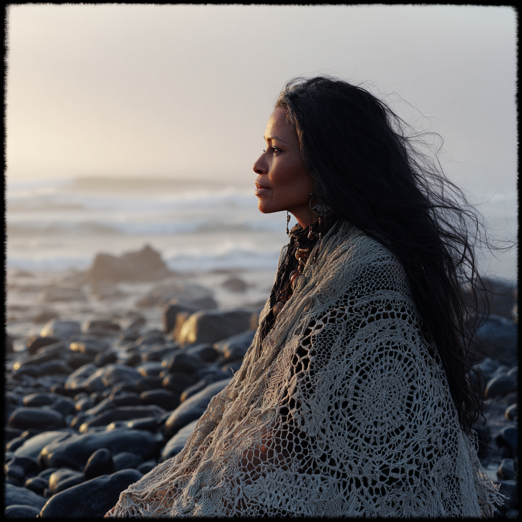Serene bohemian woman with long flowing dark hair wearing a delicate crochet lace shawl, gazing at the ocean on a rocky beach at sunset – Mercelia Rose lifestyle inspiration