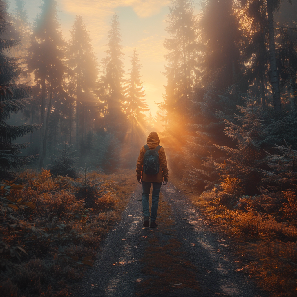 Adventurer in an orange hoodie and backpack walking down a snowy forest path toward a glowing golden sunset, surrounded by frost-covered pine trees – Mercelia Rose winter inspiration
