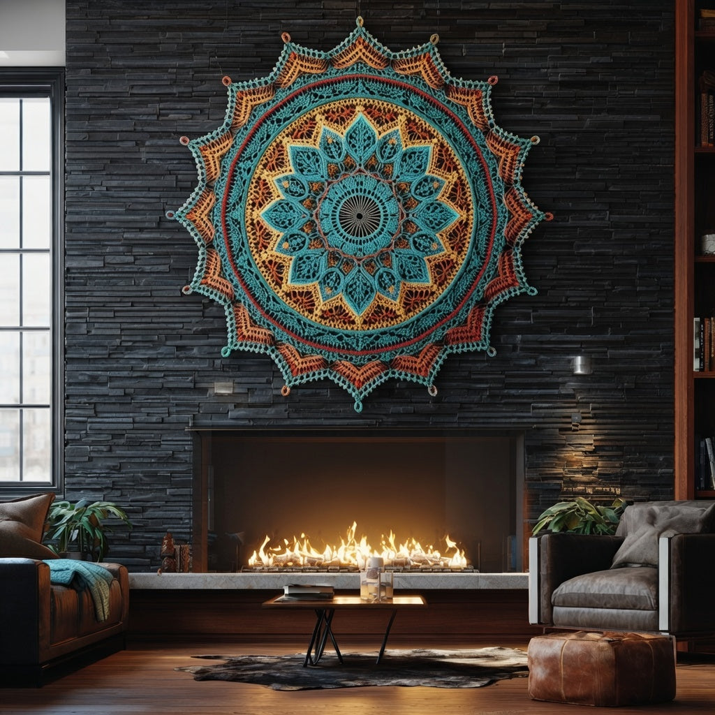 Vibrant teal and orange crochet lace mandala wall hanging above cozy fireplace, creating a mystical and contemplative meditation space in modern home