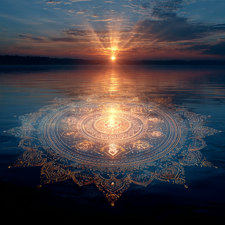 Ethereal interfaith mandala floating above calm water at sunrise, central radiant light pillar uniting symbols — Om, cross, star & crescent, lotus, dharma wheel, yin-yang, Star of David, ankh — perfect unity and shared wisdom, warm golden sunrise 