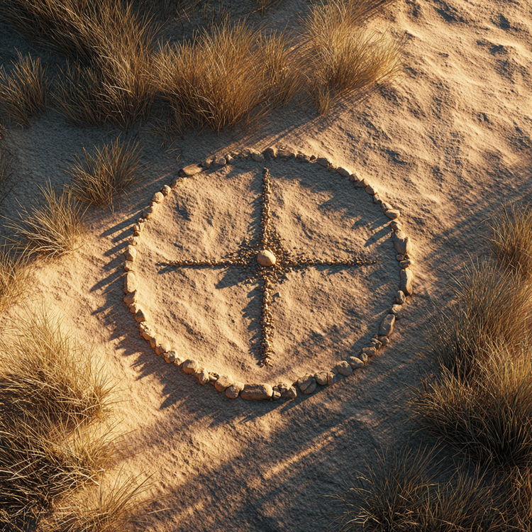 Sacred four-directions circle drawn in sand with small stones marking cardinal points, golden hour light casting long shadows across ring, gentle breeze moving nearby grass, serene honorable stillness, warm gold and soft beige sand tones