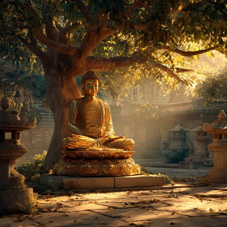 Traditional golden Buddha statue in meditative pose under Bodhi tree at dawn, soft sunlight filtering through leaves, serene temple courtyard with stone lanterns, contemplative honor and stillness, warm gold and earth tones, sacred atmosphere