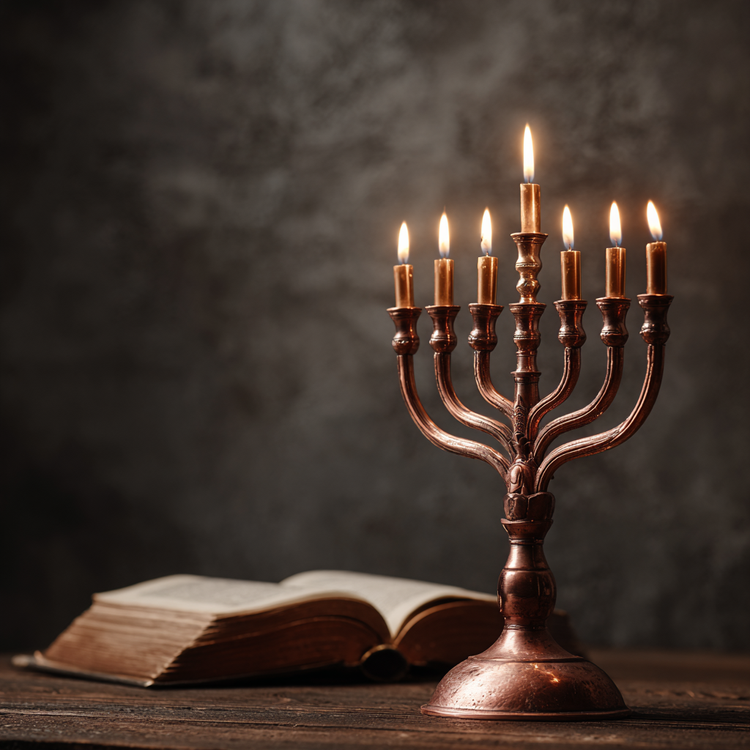 Traditional copper menorah on wooden reading stand in dimly lit alcove, single flame casting warm light across smooth arms, open book with blank pages nearby, evocative reverent peace, copper, wood, and golden flame tones