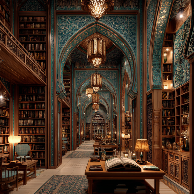 Traditional Islamic library interior with towering wooden bookshelves filled with leather-bound manuscripts, ornate arabesque arches, soft golden light from high lanterns illuminating reading table with open Qur'an, contemplative reverence