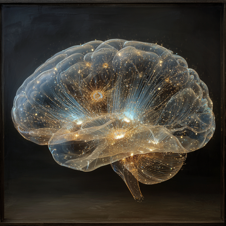 Ethereal brain made of luminous glass and golden threads, inner chambers blooming with integrated information fractals, soft bioluminescent pulses traveling global workspace pathways, symbolizing the hard problem illuminated, minimalist cosmic serenity