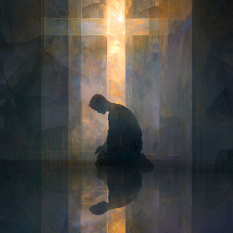 Translucent soul silhouette kneeling, walls of crystal reflecting increasing light, gentle golden rays forming faint cross overhead, symbolizing prayer of quiet and union, soft contemplative serenity, deep grays and indigo with warm inner radiance