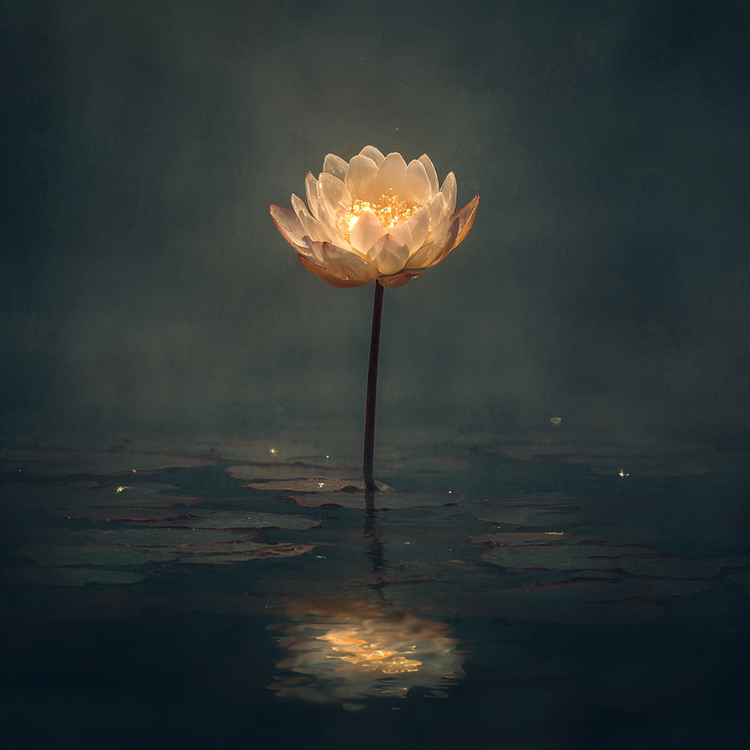 A lone lotus flower rising from murky depths, petals unfurling with golden light revealing a tiny inner sanctuary of peace, misty water reflections showing faint trauma echoes dissolving, minimalist yet deeply evocative contemplative elegance
