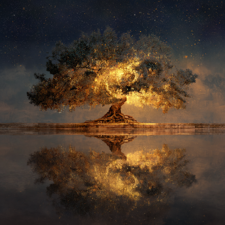Twilight scene: a lone tree with roots in ancient pages and branches reaching starry heavens, leaves shimmering as tiny mirrors reflecting inner worlds, warm golden light filtering through, symbolizing rooted growth toward cosmic self-understanding