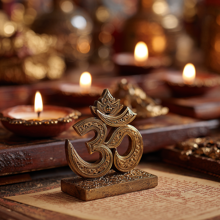 Traditional Hindu gold Om symbol with faint lotus engraving at base, placed beside open Vedanta manuscript on rosewood table, six clay diyas providing intimate warm light, reverent contemplative atmosphere, gold, rosewood, and amber tones