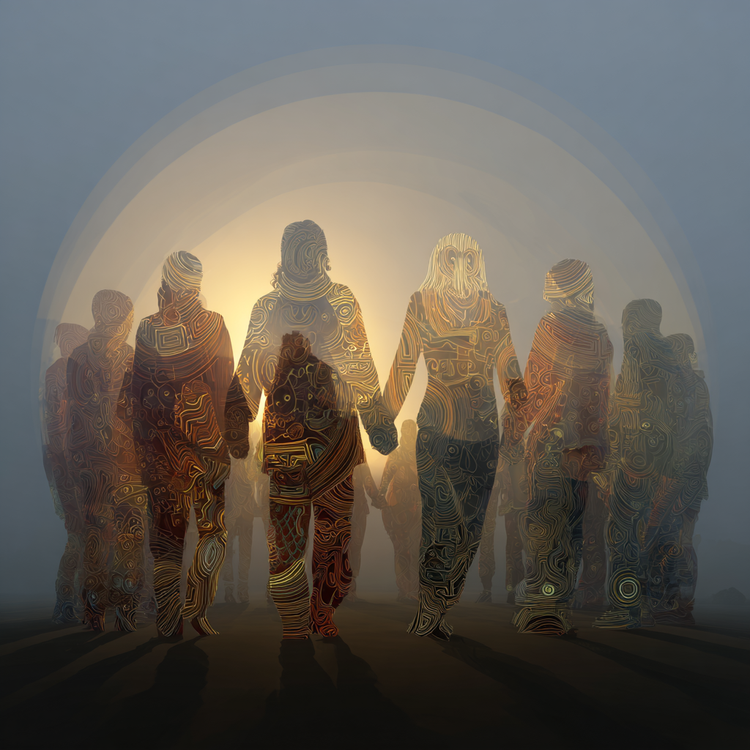 A circle of translucent human silhouettes holding hands, each figure subtly morphing into cultural symbols (masks, flags, patterns) that blend and overlap, golden threads of social influence weaving through, contemplative mood of interconnected identity