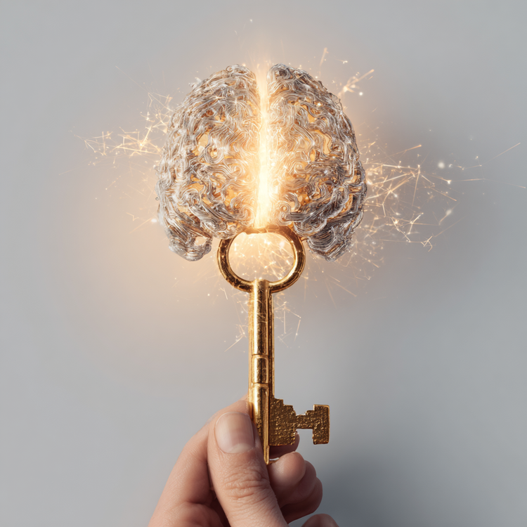 A large golden key turning in a lock shaped like a human brain, bright light bursting out to reveal clear organized pathways and glowing habit icons inside, hands firmly gripping the key, practical applied psychology transformation