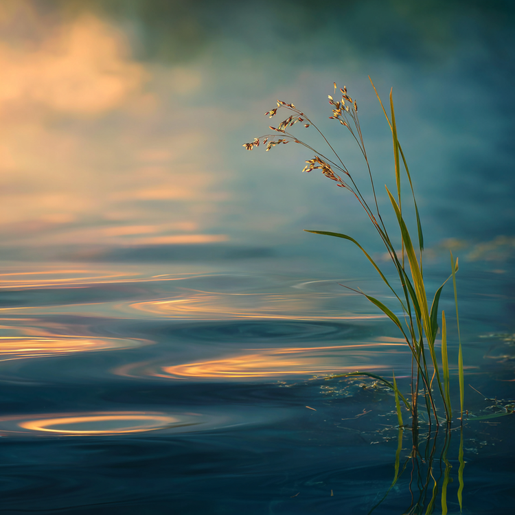 Single tall grass stalk bending gently in breeze beside still pond at sunrise, reflection of sky and soft golden light in water, subtle ripples symbolizing interconnected life, reverence for nature's wisdom, warm amber dawn and cool green-blue tones