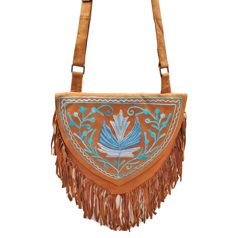 Kashida Embroidered Suede Fringe Shoulder Bag